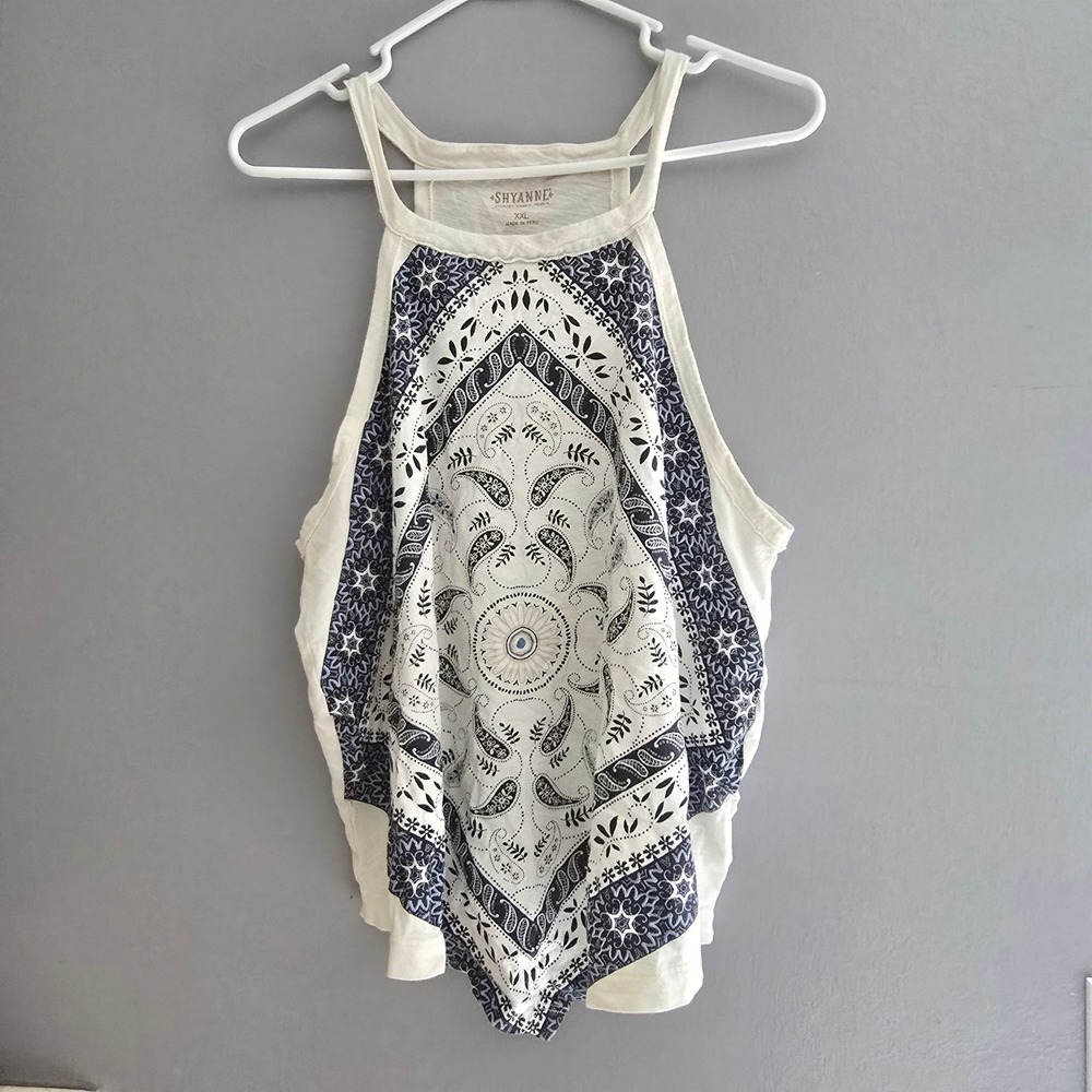 Shyanne Womens XXL Paisley Bandana Print Halter Tank Top Cream Blue Cotton 3777